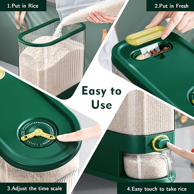 22 Lbs Rice Dispenser, Large Dry Food Storage Container with with Measuring Cup & Time Scale, Food Dispenser Kitchen Organization and Pantry Store for Cereal Dry Food (Green)