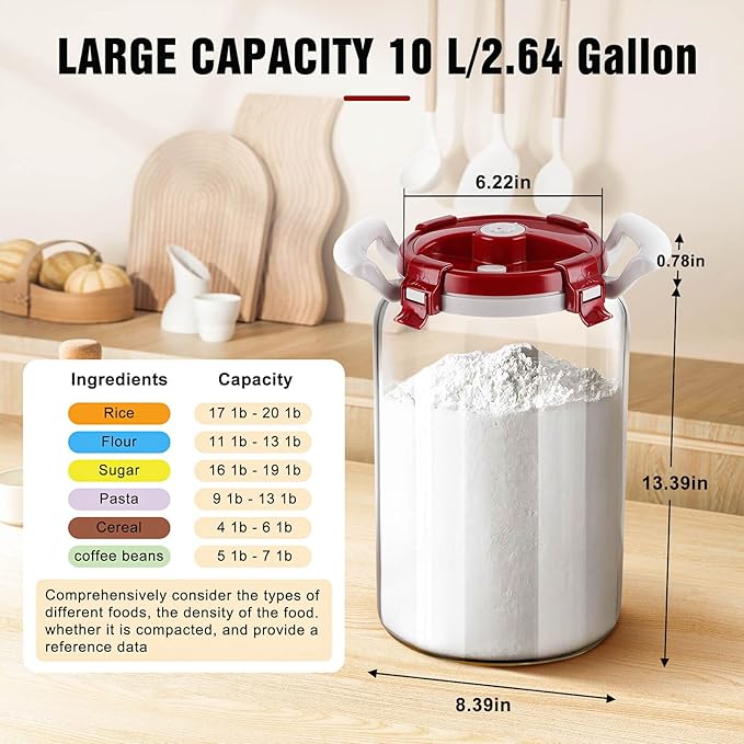 2.6Gallon/10L Glass Sugar Container with Lid - Airtight Food Storage Containers for Flour and Sugar, BPA-Free, Wide Mouth, Include Measuring Cup, Premium Kitchen Canisters for Pantry Organization