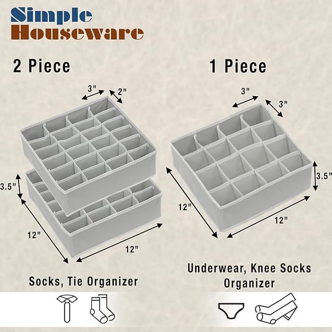 Simple Houseware Sock Drawer Organizer for Dresser/Closet/Bedroom, 3 Pack, Gray