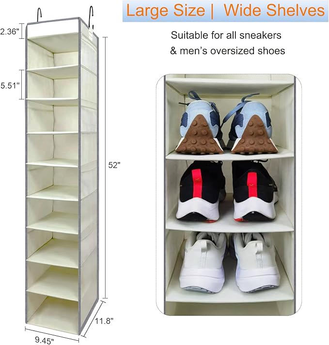 2 Pack Large-Sized Hanging Shoe Organizer 10-Shelf, Sturdy Hanging Closet Organizer with 8 Side Pockets, Wider Hanging Shelves for Storage Shoes Clothes Jeans Shirts Toys, Beige