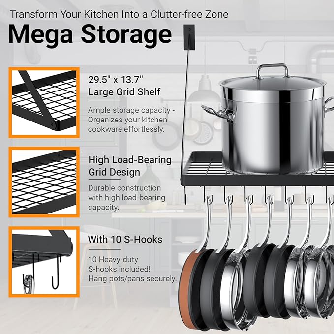 Square Grid Wall Mount Pot Rack Storage Shelf with 10 Hooks, Kitchen Cookware Hanging Organizer, Black, KPR300A-BK