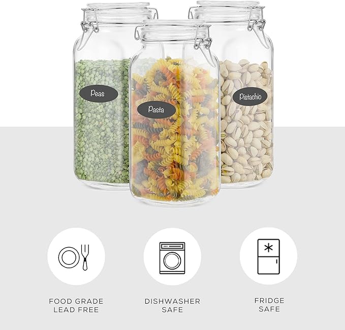 JoyJolt Airtight Glass Jars with Lids Set of 3. 78oz Glass Jar with Lid and 6 Silicone Seals! Large Glass Food Storage Containers. Square Mason Jar for Candy, Flour, Pasta Containers for Pantry