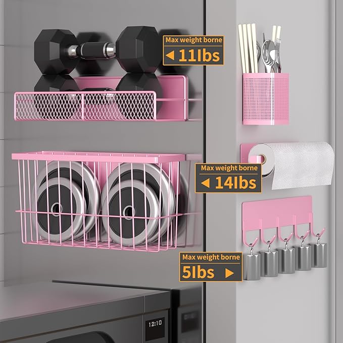 Magnetic Spice Rack for Refrigerator, 7 Pack 100% Metal Strong Magnet Shelf, Spice Organizer W/ Paper Towel Holder, Hook Rack, Utensil Caddy & Cutting Board Holder, Home Kitchen Organization (Pink)
