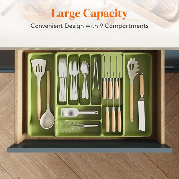 Lifewit Silverware Organizer for Kitchen Drawer, Expandable Utensil Tray with Removable Knife Block, Adjustable Cutlery Flatware Holder, Plastic Spoon Forks Holder Storage Divider, Large, Green