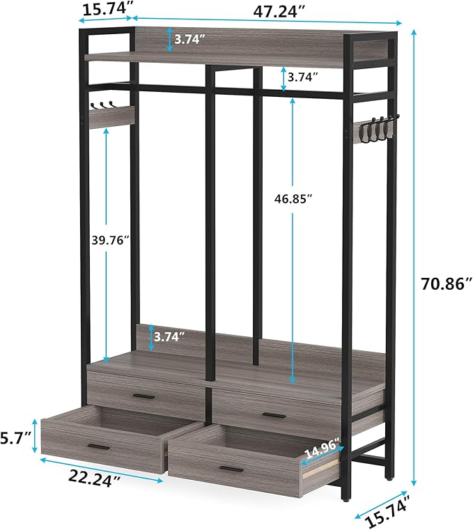 Tribesigns Freestanding Closet Organizer for Hanging Clothes, Heavy Duty Garment Rack with 4 Drawers, 8 Hooks and Storage Shelves, Wardrobe Closet Clothing Rack for Bedroom, Living Room, Grey