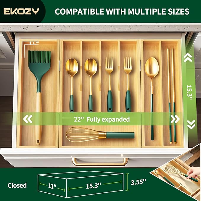 100% Bamboo Kitchen Drawer Organizer, 180° Flip Lid Feature Silverware Organizer for Cutlery Utensil, Cutlery Tray, 8 Slots with Dividers, Waterproof, Non-Slip, for Farmhouse to Modern Kitchen