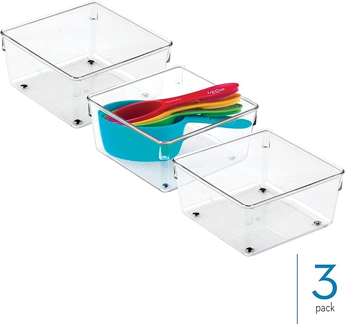 iDesign Plastic Drawer Organizer Bins - Storage for Kitchen, Bathroom, and Desk Drawers - Set of 3 - Clear