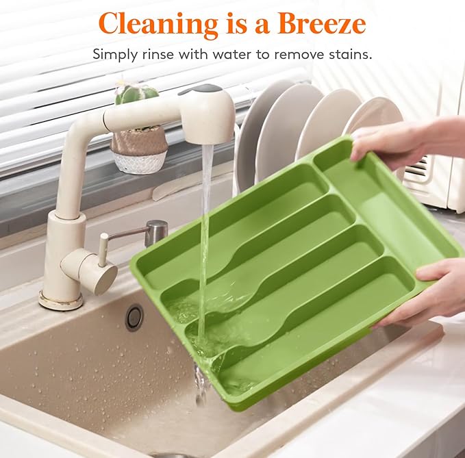Lifewit Silverware Organizer with Lid, Covered Utensil Tray for Kitchen Drawer and Countertop, Plastic Cutlery and Flatware Storage Box for Spoons Forks Knives Holder Case, 5 Compartments, Green