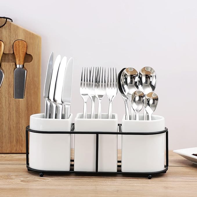 3 Piece Porcelain Flatware Holder Caddy with Metal Rack, Utensil Holder Caddy For Spoons, Knives and Forks Cutlery Organizer