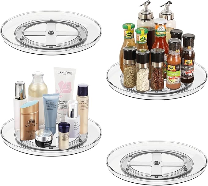 10.6 Inch Clear Lazy Susan Turntable Cabinet Organizer, Rotating Spice Rack Pantry Organization and Storage for Kitchen, Bathroom Makeup Vanity Countertop, Fridge,4-Pack