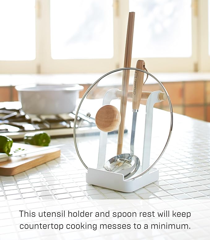 Yamazaki Home Ladle & Lid Rest - Kitchen Utensil Organizer Stand for Cooking Steel + Wood White