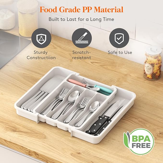 Lifewit Silverware Drawer Organizer, Expandable BPA Free Utensil Tray for Kitchen, Adjustable Flatware and Cutlery Holder for Spoons Forks Knives, Plastic Kitchen Organizers and Storage, White