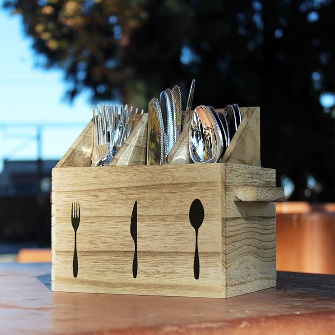 Ikee Design Rustic Elegant Wooden Flatware Organizer Caddy, Oak Color, 7'W x 5.5'D x 6.63'H