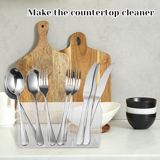 Rainmae 2Pack Plastic Cutlery Storage Organizer, Acrylic Cutlery Utensil Holder Storage Organizer Caddy for Kitchen Countertop Organization - Holds Fork, Knife, Spoon, Silverware Tableware Storage Box