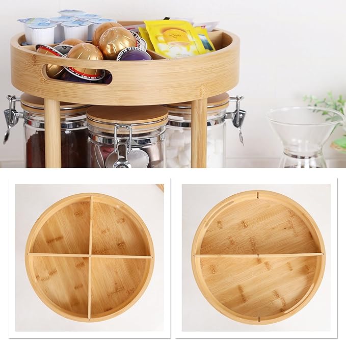 KKC HOME ACCENTS Coffee Tea Bar Accessories Organizer for Countertop,Coffee Bar Lazy Susan Organizer with 4 Airtight Glass Canisters for Countertop,2 Tier,Bamboo