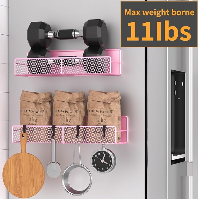 Magnetic Spice Rack for Refrigerator, 2 Pack Metal Magnetic Shelf Pink, Moveable Spice Organizer with Hooks, Super Magnetic Fridge Shelf for Kitchen Organization and Storage