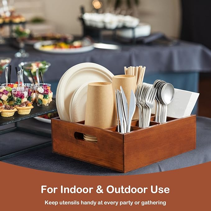 Brown Utensil Holder for Party - Wood Paper Plate Organizer for Countertop - Silverware Caddy with 6 Compartments for Plate Cup Fork Spoon - Cutlery Holder for Kitchen Camping Buffet