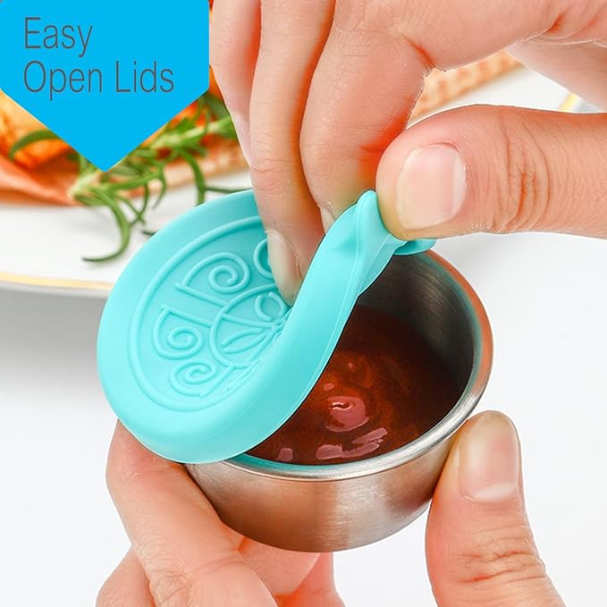 6-Piece Condiment Cups with Colorful Silicone Lids, 50ml Leak-Proof Metal Condiment Container, Stainless Steel Small Sauce Cups Ramekins Perfect for Outdoor Picnics, BBQ, Camping Sauce Storage