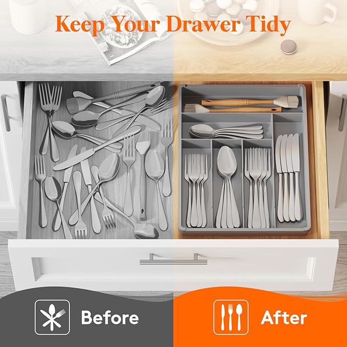 Lifewit Silverware Tray, Deep Wide Cutlery Drawer Organizer Storage for Kitchen, Plastic Flatware Utensil Holder Divider for Spoons Forks Knives Tableware, 6 Compartment, Gray