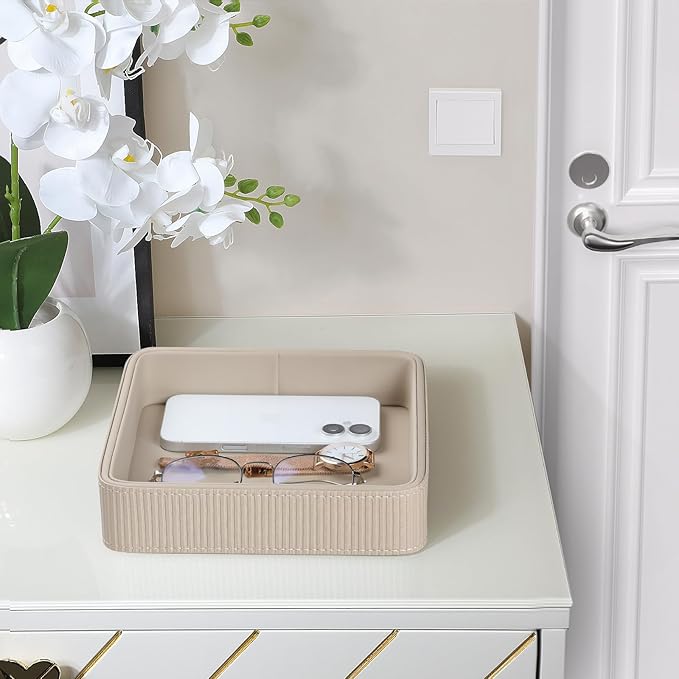 PU Leather Valet Tray Organizer, Small Nightstand Organizer Bedside Desktop Storage for Womens and Men, Perfume Trinket Catchall Vanity Tray for Key Watch Wallet (Beige, Square)