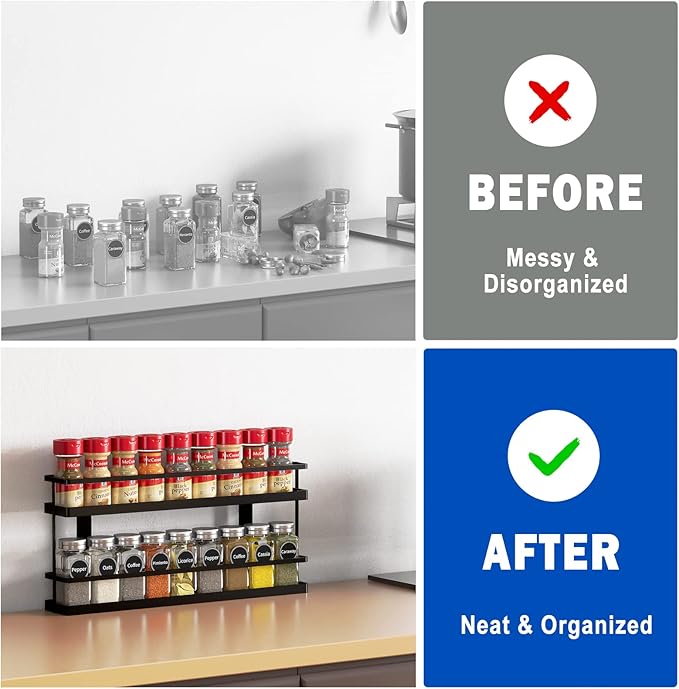 MEIQIHOME 4 Tier Spice Rack Organizer, Spice Shelf Storage Holder for Kitchen Cabinet Pantry Door Wall Mount, Countertop, Black