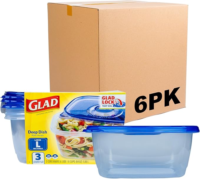 Glad GladWare Deep Dish Food Storage Containers Lock Tight Seal, BPA Free Large Rectangle Plastic Containers Hold Up to 64 Ounces of Food, 3 Count - 6 Pack