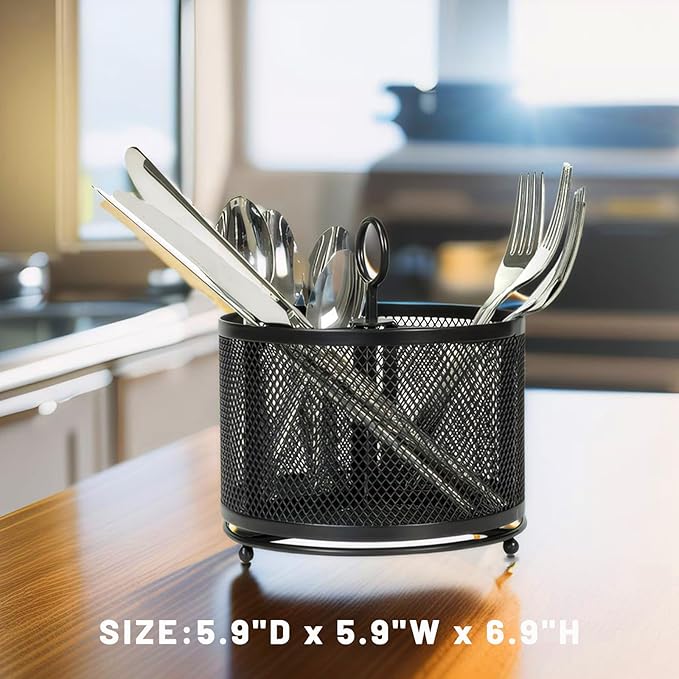 Metal Utensil Holder Silverware Cutlery Caddy for Kitchen Countertop Rotating 3 Compartment Flatware Organizer Spoon Fork Storage for Outdoor Party Picnic Buffet Camping Black