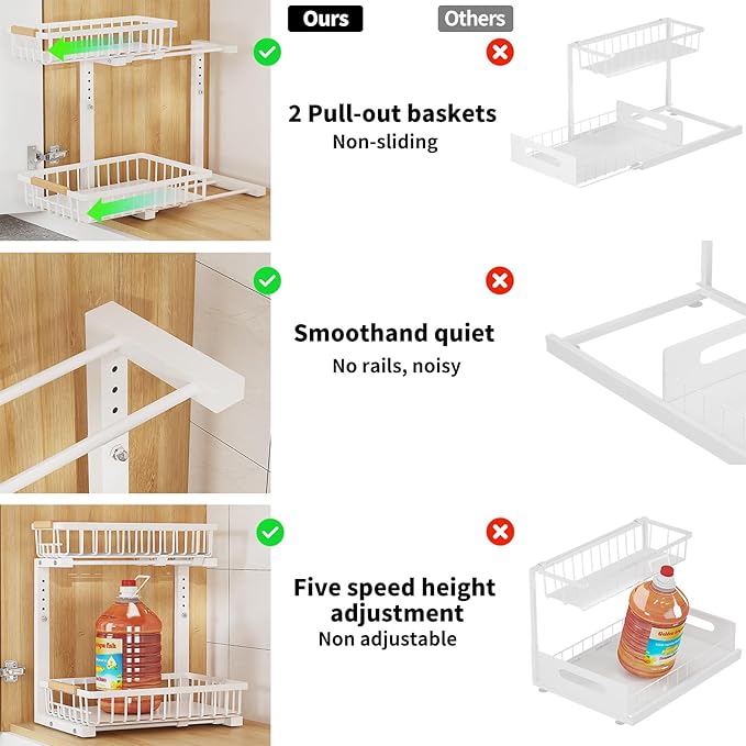 Under Sink Organizer, 2 Tier Slide Out Under Sink Organizers and Storage, Height Adjustable Pull out under cabinet storage, Metal Bathroom Kitchen Sink Organizer