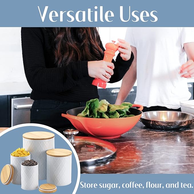 White Kitchen Canisters Set with Wooden Lids, Airtight Sugar, Flour, Coffee, Cookie Storage Canister Sets for Kitchen Countertop, Farmhouse Decor, 4 Pack