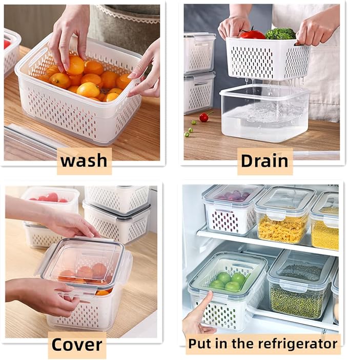 Fruit Vegetable Storage Containers for Fridge,3 PCS Produce Saver Containers for Refrigerator Organizer Bins,Plutuus BPA free Plastic Produce Keepers with Lid & Colander for Salad Berry Lettuce