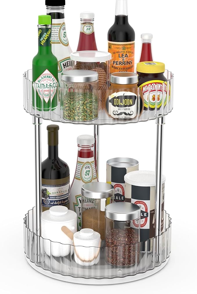 Lazy Susan Turntable Organizer-360° Rotating Double Layer Storage Rack,Non-slip Base Design, Suitable for Kitchen Countertops, Bathrooms, Dressing Tables (8.5 Inch Diameter)