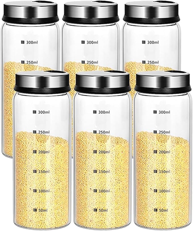 10 oz Salt and Pepper Shakers Set with Adjustable Outlet Holes Clear Glass Bottle Spice Seasoning Cans Jar for Kitchen Decor and Home Restaurant BBQ Camping Farmhouse Kitchen Accessories(6 Pcs, 300ML)