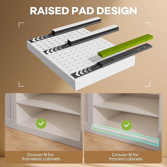 2 Pack Pull out Cabinet Organizer 21"Deep With Raising Pad for Framed Cabinets, Expandable Slide out Drawers for Kitchen Cabinets with 4pcs Divider Racks, Roll out Shelves 12.1"-20.4" W White