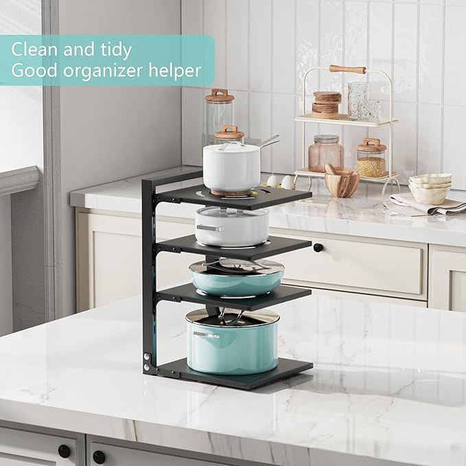 Pan Organizer for Under Cabinet, Kitchen Cabinet Organizer with 3 Adjustable Shelves, Pot and Pan Organizer, Pan Organizers and Storage Solution, Easy Assembly and Space-Saving for Homeowners