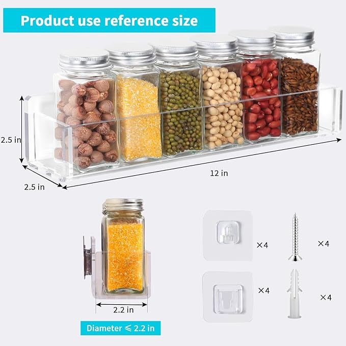 Acrylic Spice Rack Attached to the Wall for Kitchen Cabinet Doors or Hanging spice rack, RV spice rack, Hook & Loop, Bid Farewell to Dislodging Wall Mounted Acrylic Removable Rack (2 Pieces - Clear)