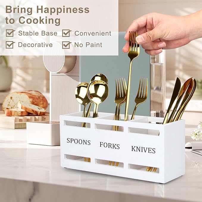 Wooden Silverware Cutlery Holder White Flatware Caddy Small Kitchen Utensil Holders for Party Wood Silverware Organizer Storage for Table Countertop Spoon and Fork Holder Utensils Caddy Basket