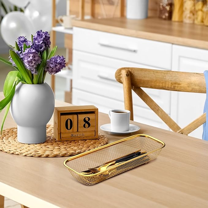 4 Pcs Gold Kitchen Drawer Baskets Stainless Steel Storage Container Mesh Storage Golden Utensil Holder Wire Basket Stackable Drying, 12 x 5 x 2 Inch