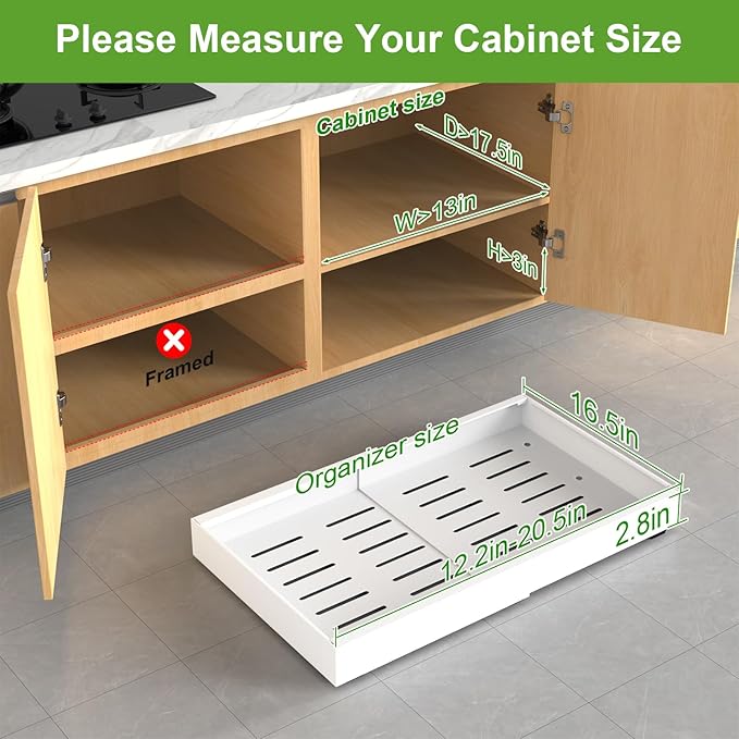 Pull out Cabinet Organizer, Expandable(12.2"-20.5") Heavy Duty Slide Out Drawers, Fixed with Adhesive Nano Film or Screw, Roll out Shelf Storage for Kitchen Base Cabinet Organization(21‘’Deep)