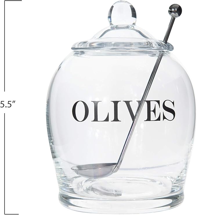 Creative Co-Op Clear Glass "OLIVE" Jar with Lid & Slotted Stainless Steel Spoon (Set of 3 Pieces including Lid)