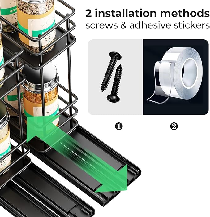 Pull Out Spice Rack Organizer for Cabinet, Slide Out Spice Racks, Easy to Install Spice Cabinet Organizers, 2.75''Wx10.35''Dx8.26''H, 2 Drawer 2 Tiers(Black