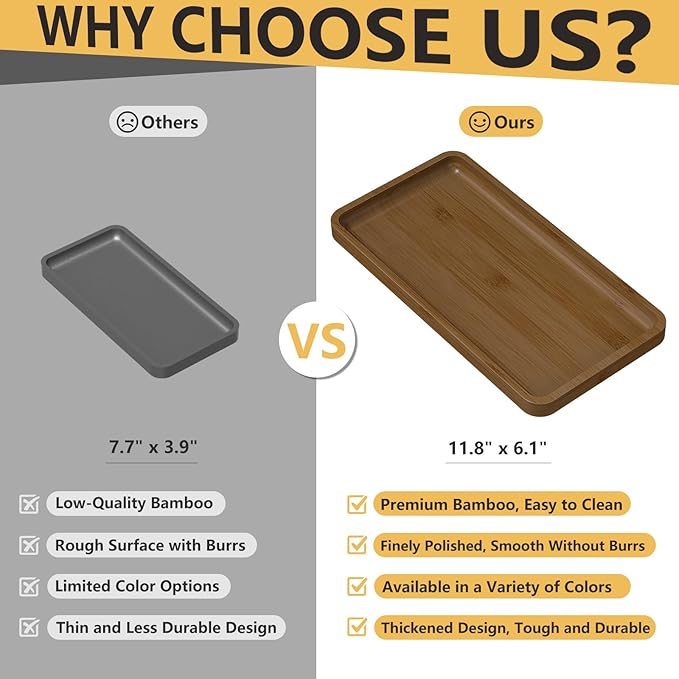 Weenson Bathroom Vanity Tray for Soap Dispenser, Perfume, Makeup, Dresser Jewelry, Decor, Candle, Bamboo Kitchen Tray for Counter Coffee Spice Salt Brown Toilet Tank Tray11.81”L x 6.1”W x 0.79”H