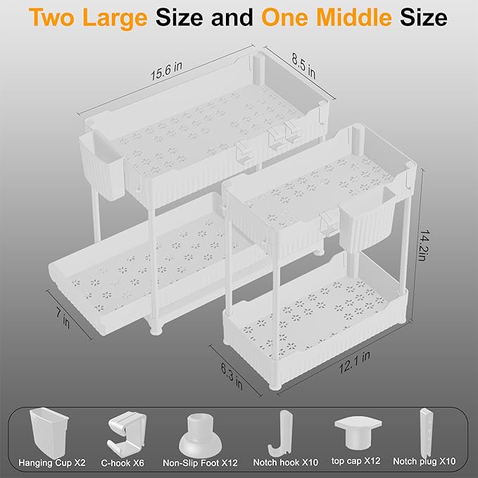 3 Pack Under Sink Organizer, 2-Tier Multi-Use Kitchen Bathroom Organizers and Storage with Sliding Drawer,Bathroom Cabinet Organizer (White)