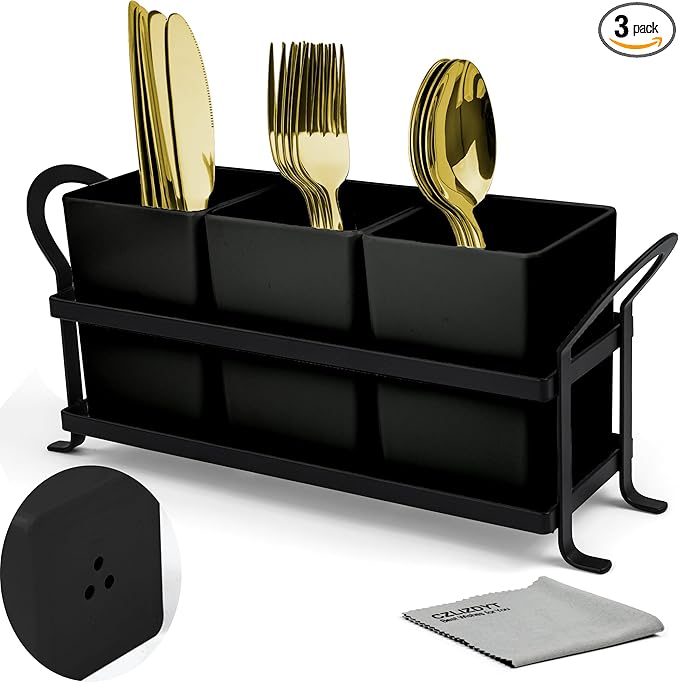 Cutlery Holder with Drain Holes, Silverware Caddy for Party Countertop, 3pcs Bins Set Utensil Holders for Spoon and Fork, Black