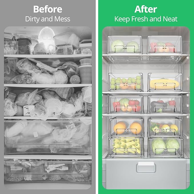 2 Pack Refrigerator Drawers - Fridge Organizer Bins Stackable Storage Drawers, Clear Refrigerator Organizing Containers Pull Out Drawer for Fruit, Vegetable Storage and Keep Fresh