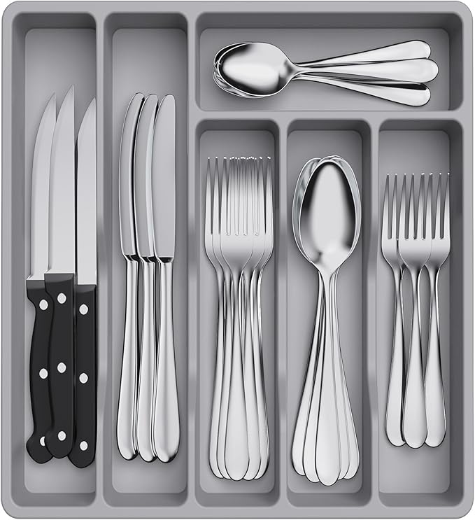 Lifewit Silverware Drawer Organizer Tray, Plastic Cutlery Storage for Kitchen Drawer, Flatware and Utensil Holder Divider for Spoons Forks Knives Tableware, 6 Compartment, Gray