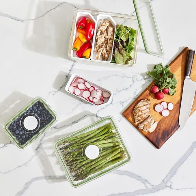 iDesign Large Fridge Produce Bin with Removable Drainage Tray and Lid - Set of 2 - Clear/White
