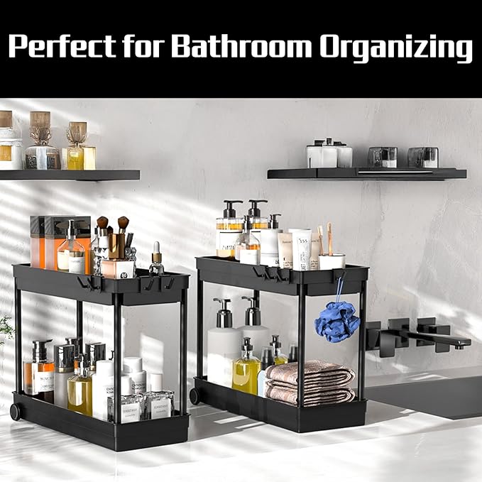 2 Pack Under Sink Organizer, 2 Tier Bathroom Cabinet Organizers and Storage with Hook, Multi-purpose Storage Basket Shelf for Kitchen, Black