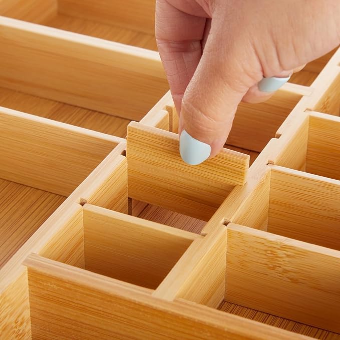 Juvale Bamboo Drawer Organizer Tray with 8 Adjustable Dividers for Kitchen Utensils, Cutlery (14 x 10 x 2 In)