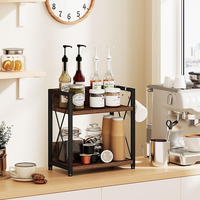 Snughome Coffee Bar Organizer,Kitchen Counter Shelf for Countertop,Wood Kitchen Countertop Organizer,2 Tier Coffee Organizer Station for Countertop (Rustic Brown, Medium)