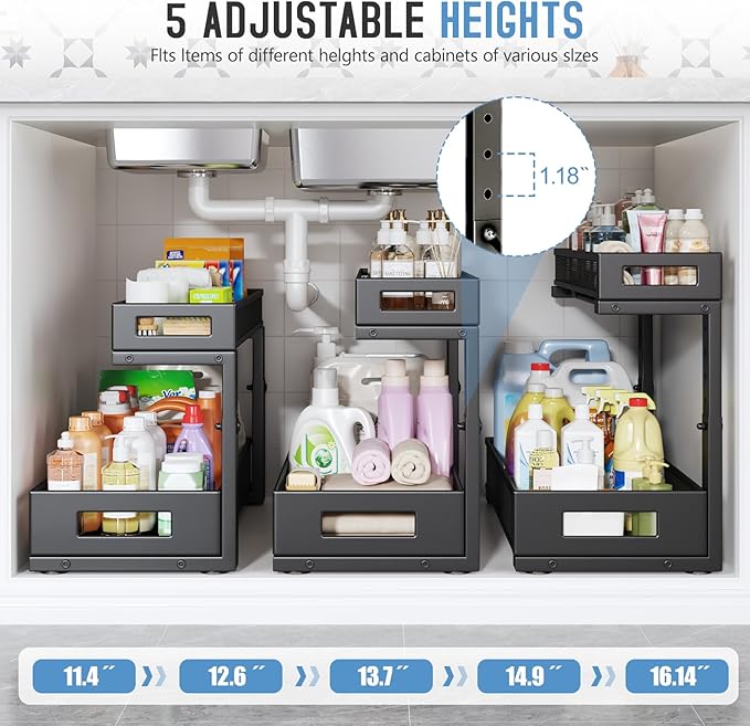1 Pack 20.47IN Depth Under Sink Storage Organizer, Large 2-Tier Elegant Mesh Pull Out Shelf for Kitchen and Bathroom Cabinet Organization, L-Shaped and Adjustable Height Design-Black